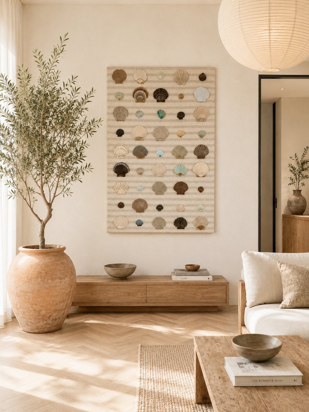 Schilderij schelpen blauw taupe 3d paneel linnen doek kunst, Ophalen