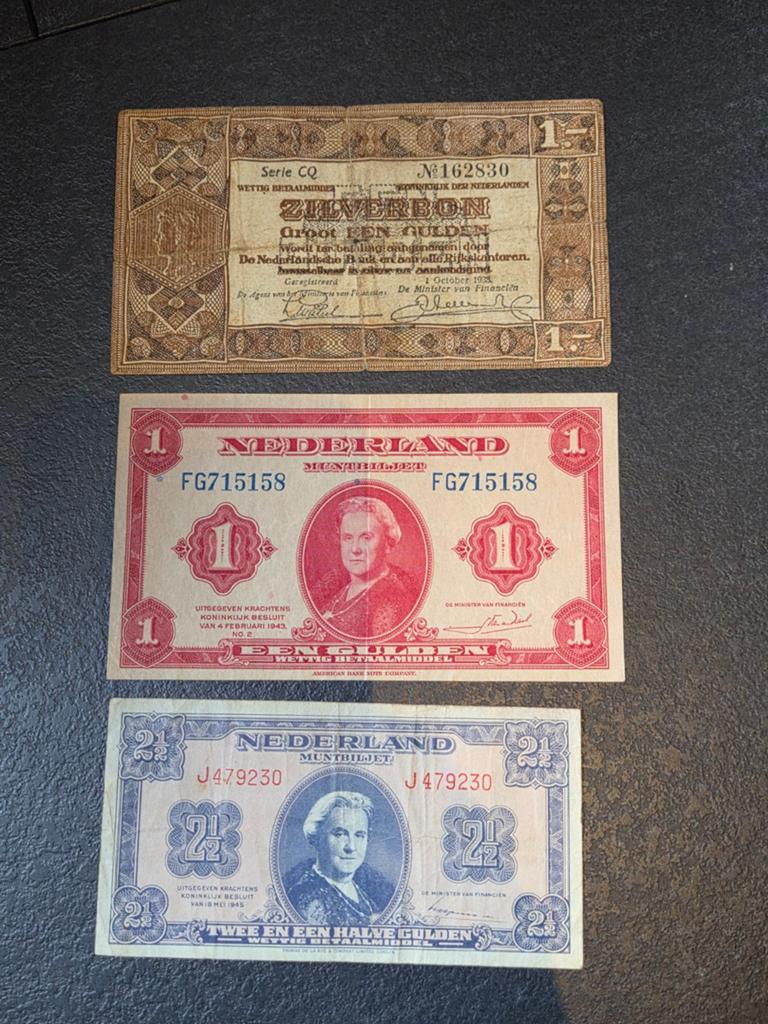 Set van 3 historische Nederlandse bankbiljetten, Ophalen of Verzenden, 1 gulden, Setje
