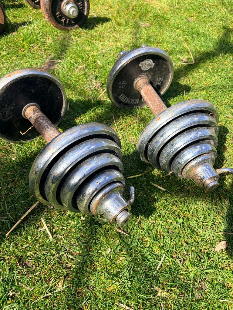 Vintage Dumbbells en Halterschijven - Diverse Gewichten, Ophalen of Verzenden, Gebruikt, Armen, Dumbbell