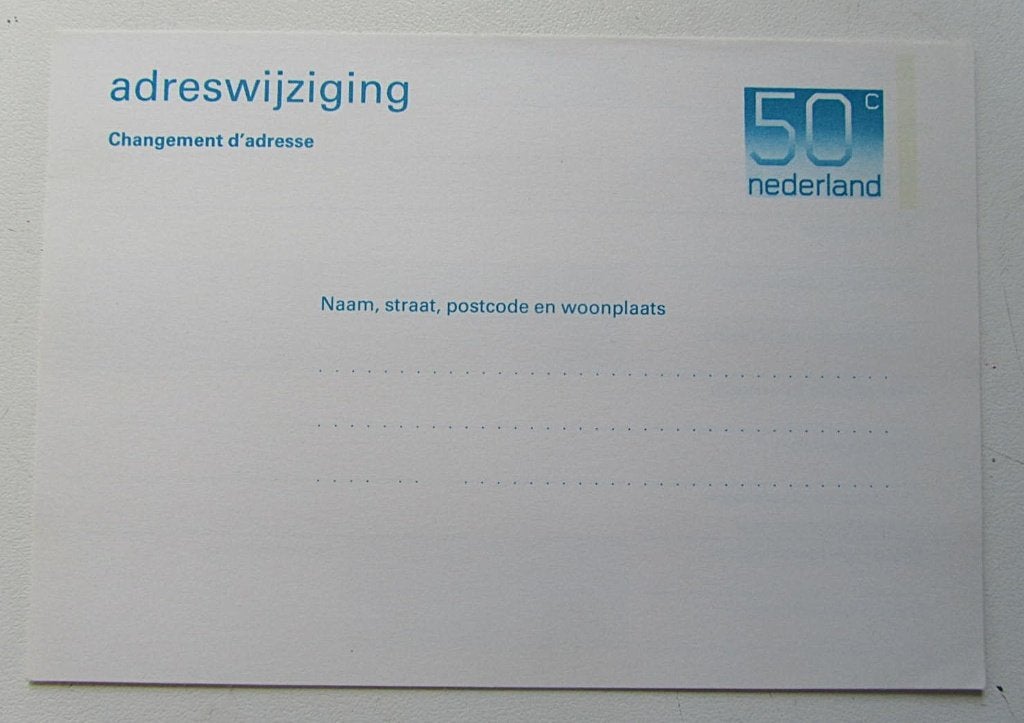 briefkaart     adreswijziging 50 cent  ongebruikt, Ophalen of Verzenden, Briefkaart