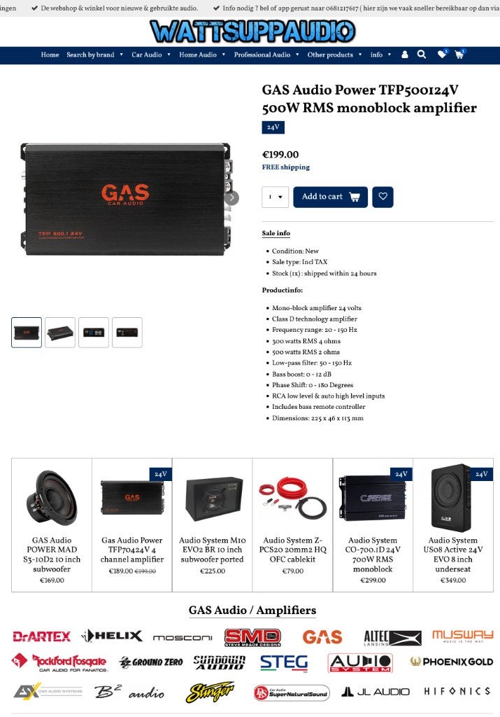 GAS Audio Power TFP500124V 500W RMS monoblok versterker 24V, Info@optimount.nl, Nieuw, Ophalen of Verzenden, Anholtseweg 48A 7091 HB DINXPERLO