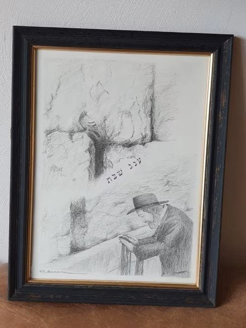 Orig. Tekening Klaagmuur sabbat vredesduif Jeruzalem., Ophalen