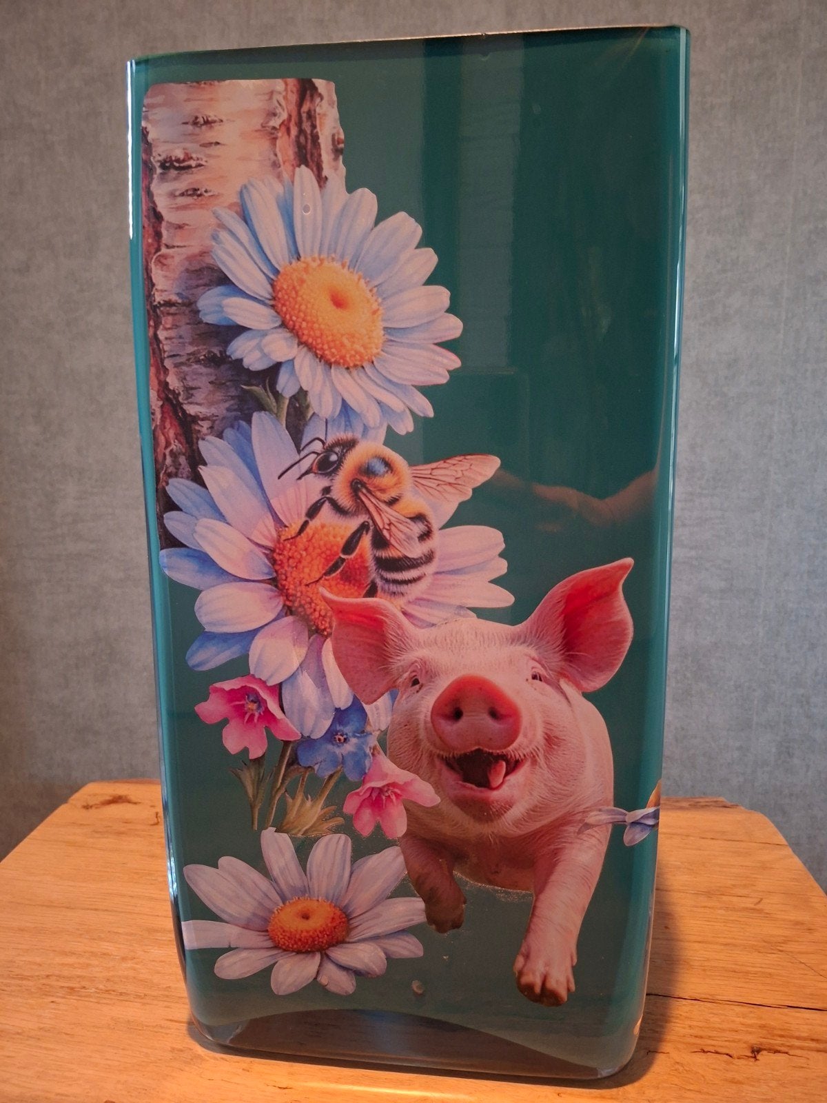glazen vaas met vrolijke varkens, Ophalen of Verzenden, Roze