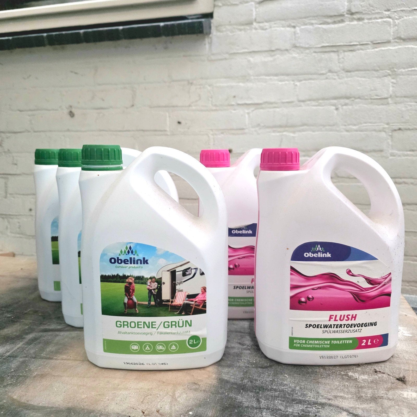 Obelink Toiletvloeistof Groen & Roze -4 Vol, 1 Halfvol, Caravans en Kamperen, Ophalen of Verzenden, Gebruikt