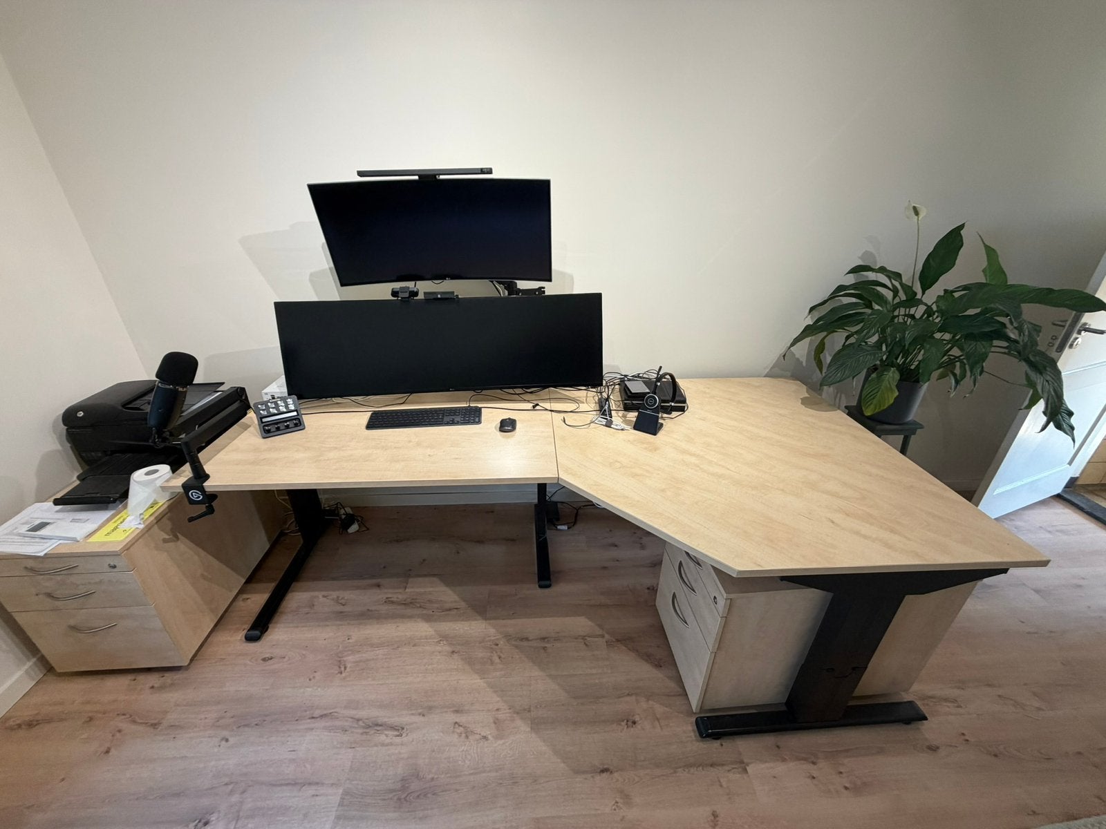 Groot hoekburo 2.40 x 1.20 (3x) met ladeblok, Huis en Inrichting, Bureaus, Ophalen, Demontabel, 120 cm, Hoekbureau
