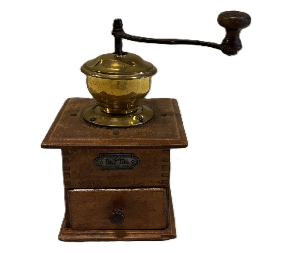 Antieke PeDe koffiemolen, hout met messing en hertenkop, Ophalen of Verzenden
