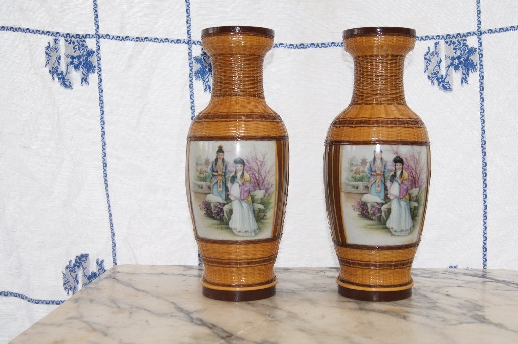 Set van 2 rotan vazen met Chinese taferelen, Ophalen of Verzenden