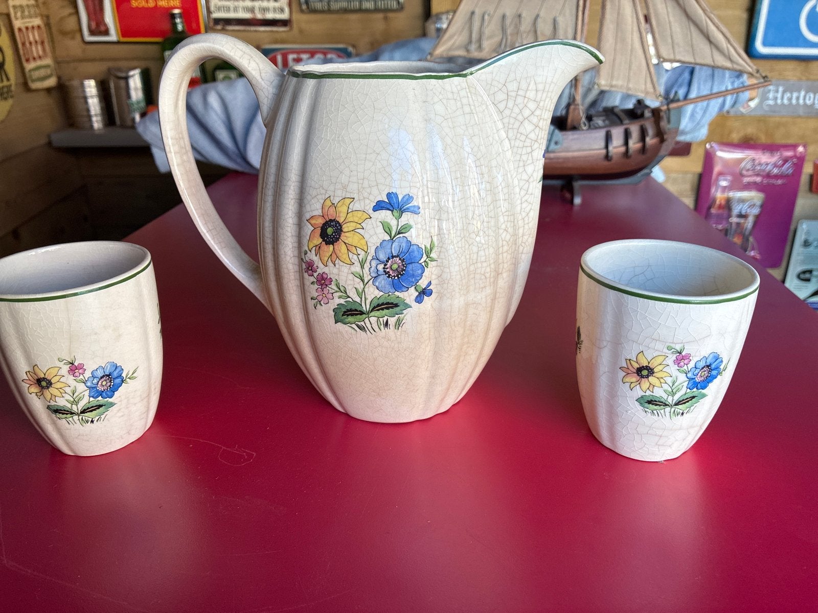 Vintage kan en bekers met bloemmotief, Ophalen of Verzenden