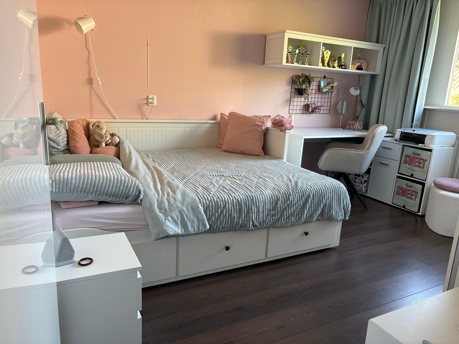 IKEA Hemnes Bedbank met Matrassen, Lattenbodems,opbergruimte, Ophalen, Gebruikt, Wit, Tweepersoons