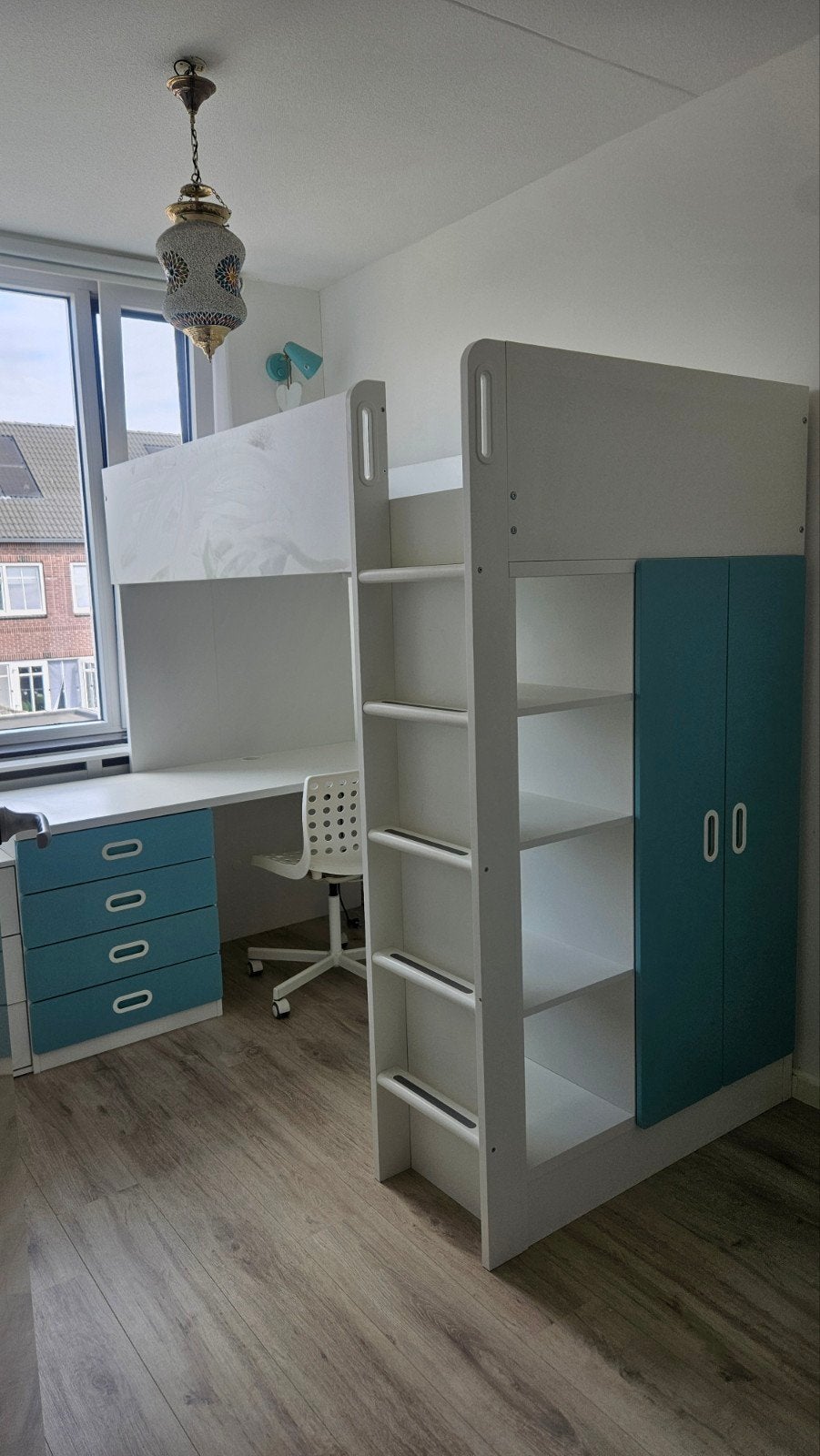 Hoogslaper met bureau, kast en lades - Wit/Blauw, Ophalen, Gebruikt, Eenpersoons, 200 cm