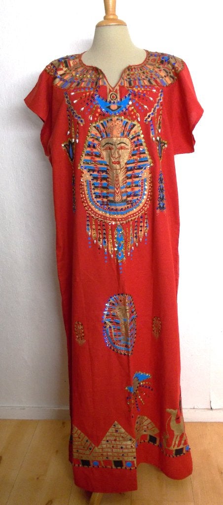 Egypt aparte rode 100% katoen bewerkte kaftan/maxi dress! L, Kleding | Dames, Maat 42/44 (L), Zo goed als nieuw, Onder de knie