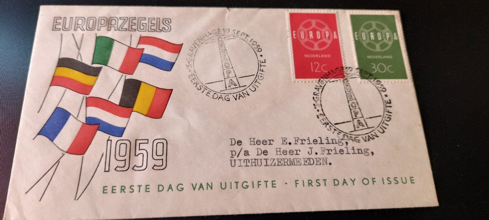Eerste dagenvelope e39 europazegels 1959, Ophalen, Beschreven, Nederland