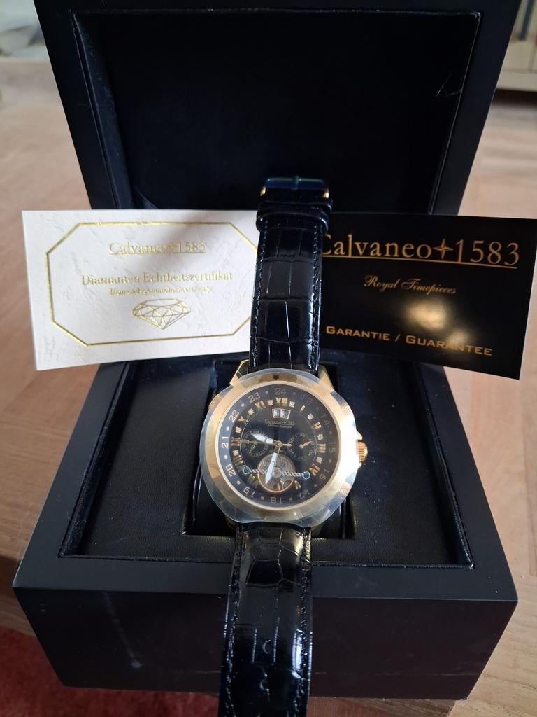 Calvaneo 1583 Astonia Black Diamond Gold 007 - Nieuw, Overige merken, Leer, Verzenden, Polshorloge