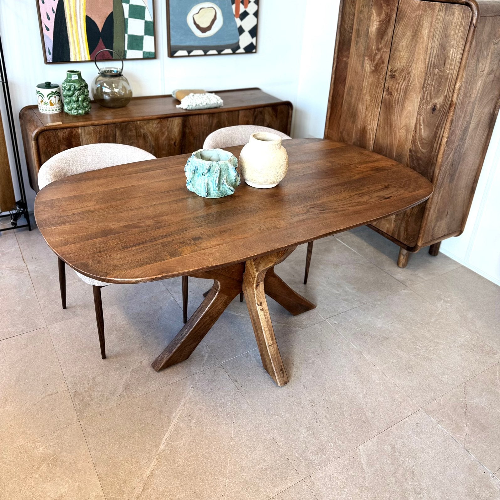 Magazijn Leegverkoop Eettafel Deens Ovaal Mangohout poot, 100 tot 150 cm, 3812 RB, Nieuw, Ophalen of Verzenden