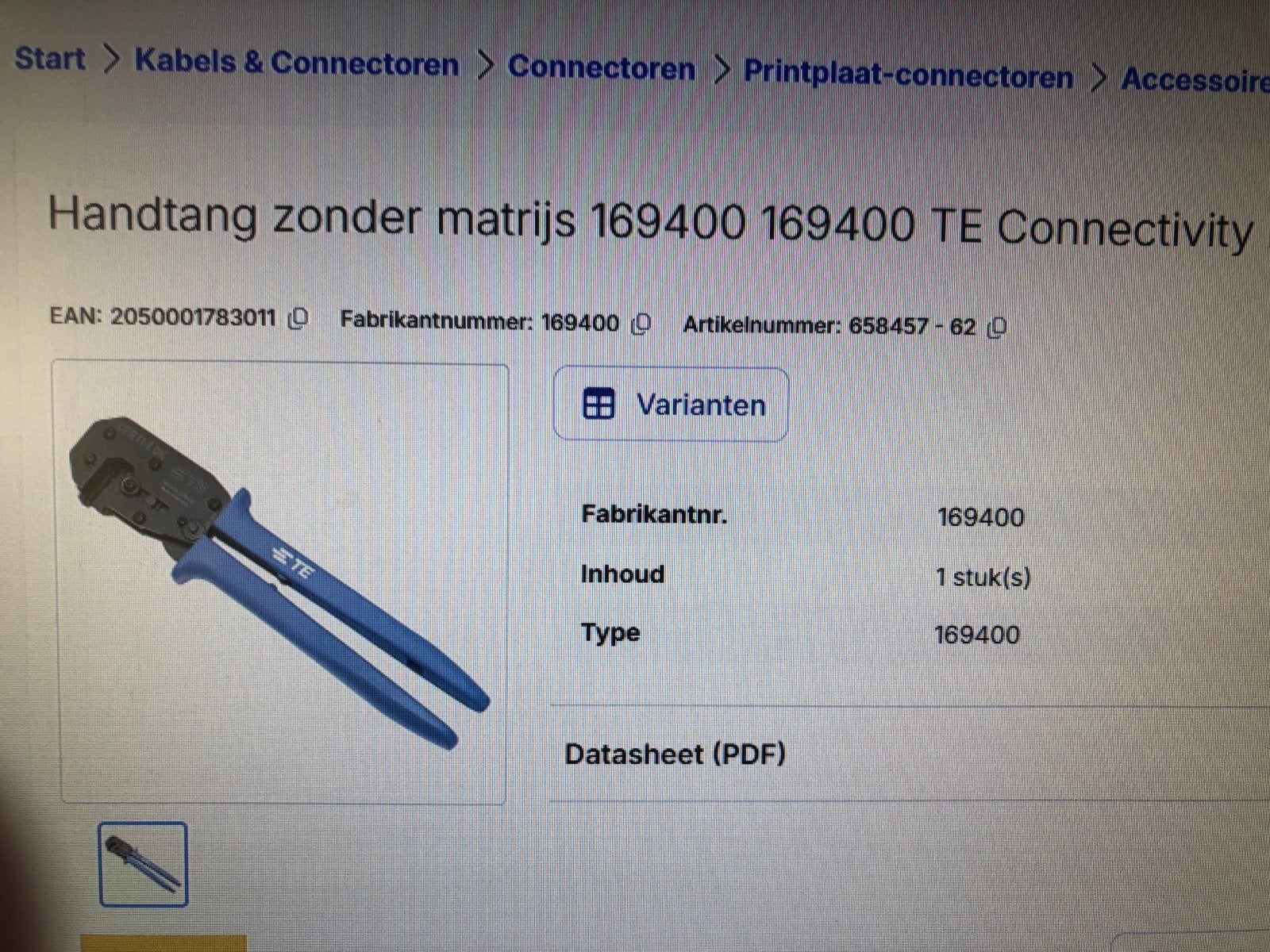 TE Connectivity Handtang zonder matrijs 169400, Ophalen of Verzenden, Nieuw, Tang, Overige merken