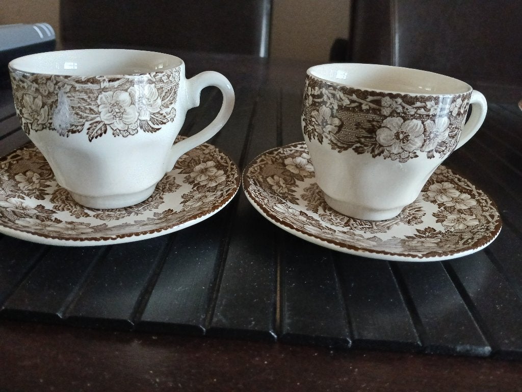 Enoch Wedgwood Woodland koffie kop en schotels bruin, 2st., Ophalen of Verzenden