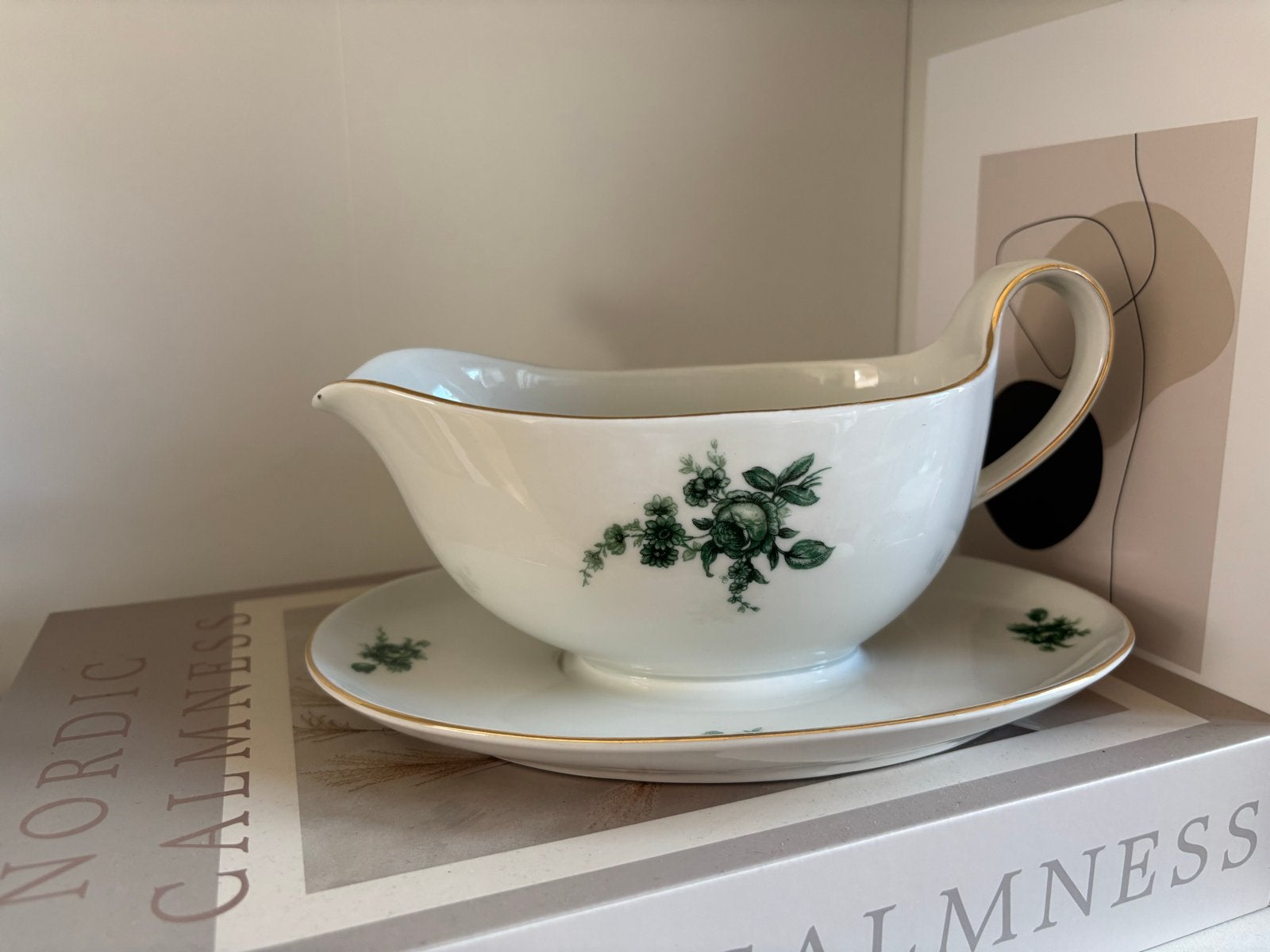 Vintage Kahla Sauskom met Schotel - Groen Roos/Bloemen Decor, Ophalen of Verzenden
