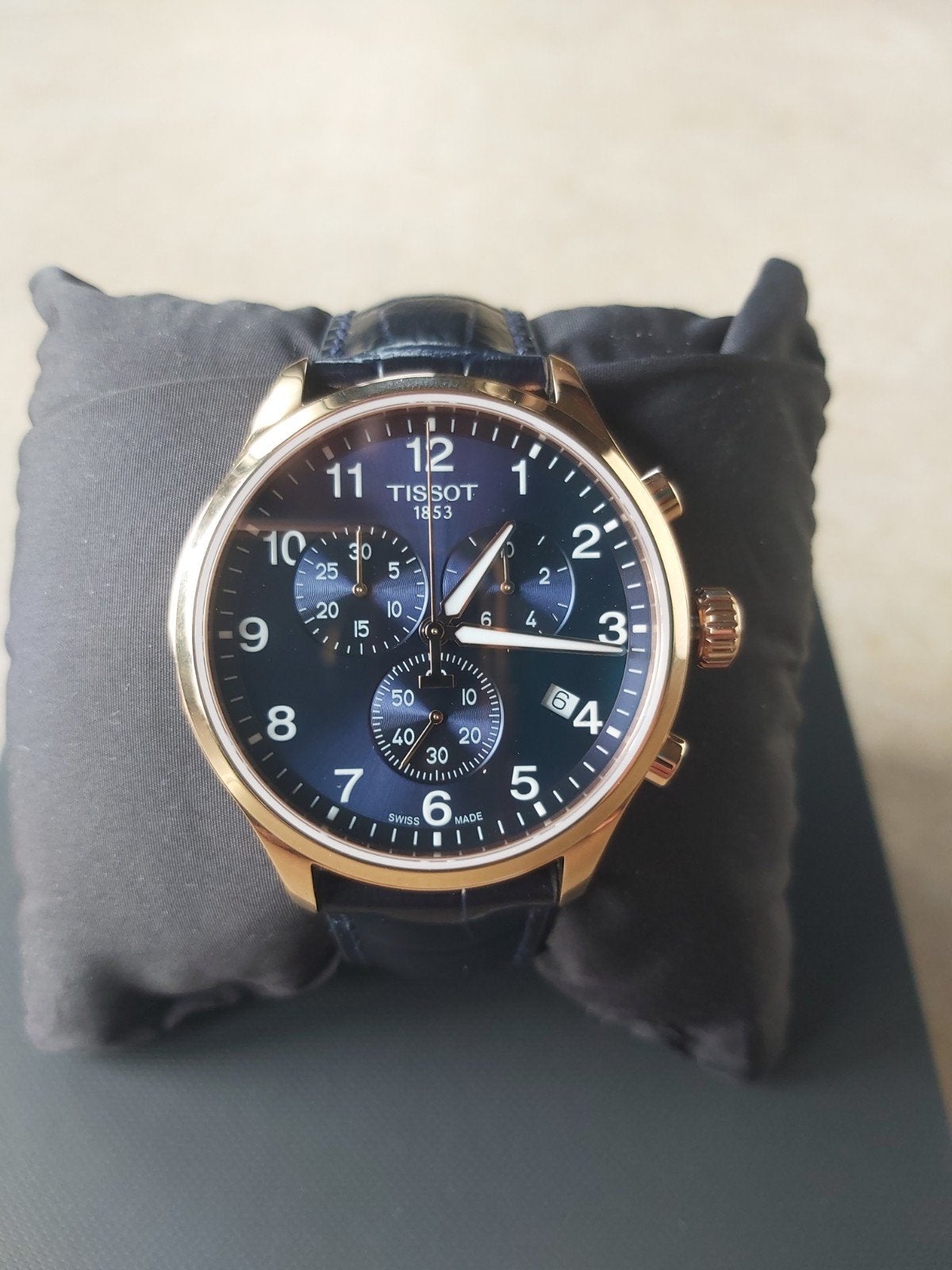 Nieuwe Tissot chrono classic roségoud & donkerblauw in OVP, Overige merken, Leer, Staal, Polshorloge
