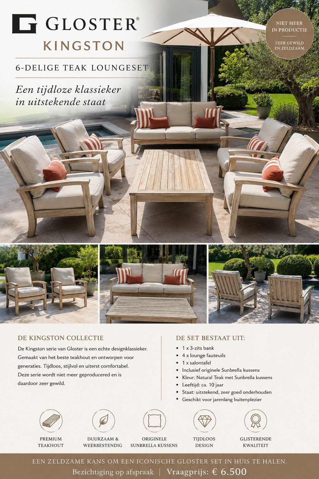 Gloster Kingston Loungeset - Teakhout & Sunbrella Kussens, Gebruikt, Teakhout, Ophalen of Verzenden, Loungeset