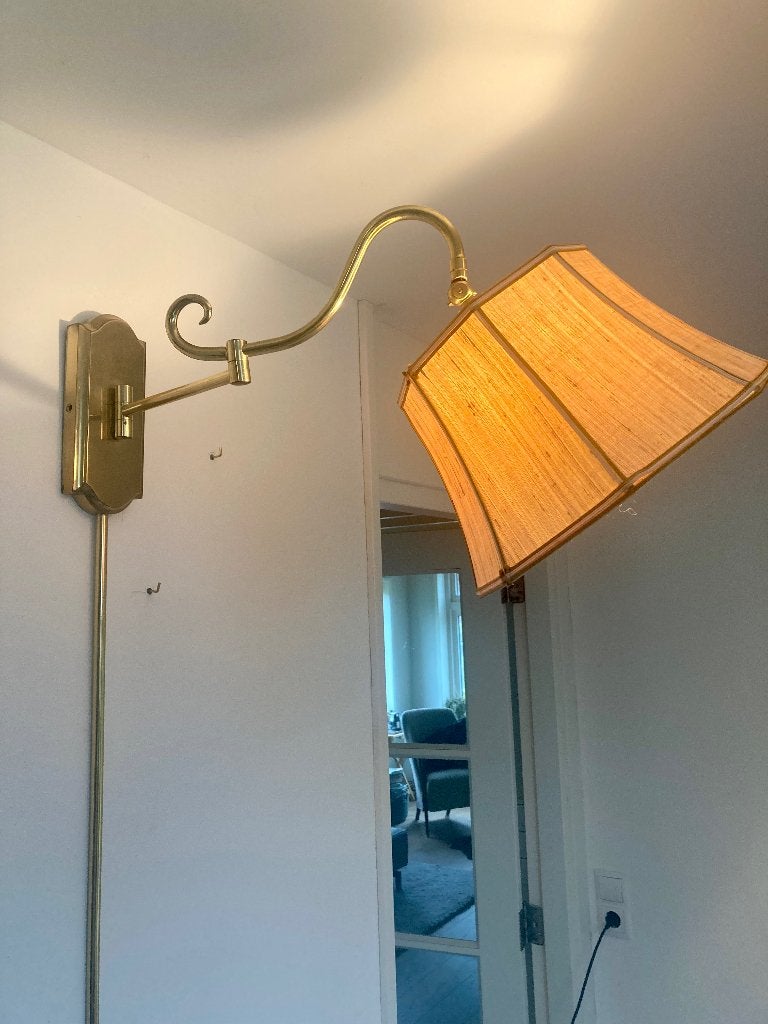 Vintage messing lamp zwenkarm wandlamp linnen & rattan kap, Ophalen, N, N, N
