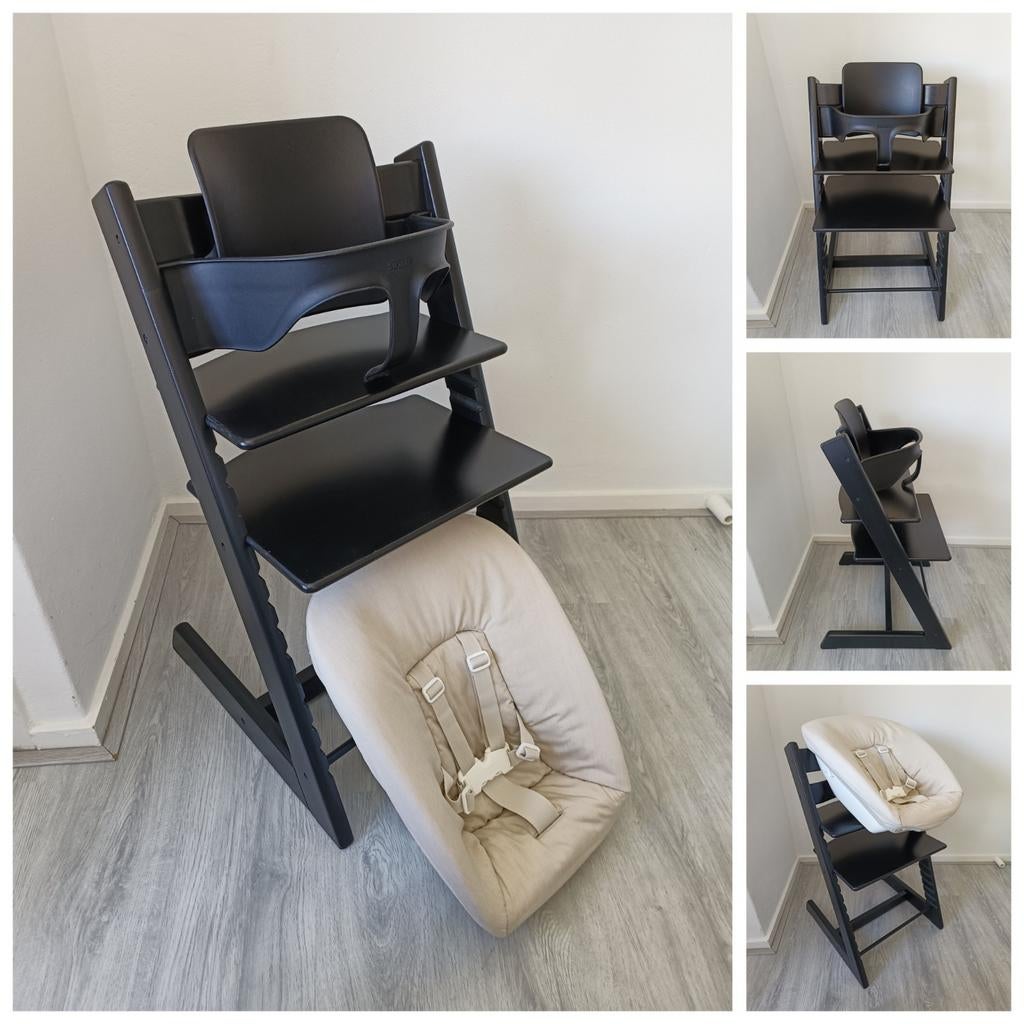 Stokke Tripp Trapp zwart met babyset en newbornset evt. tray, Ophalen of Verzenden, Zo goed als nieuw, Stokke Tripp Trapp, Stoelverkleiner