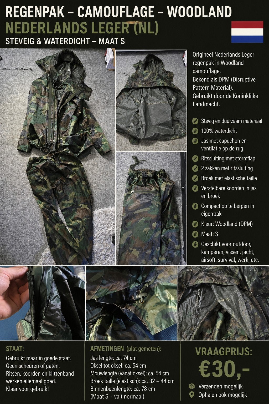 Stevig M81 Woodland Camouflage Regenpak Maat S – Jas + Broek, Ophalen of Verzenden