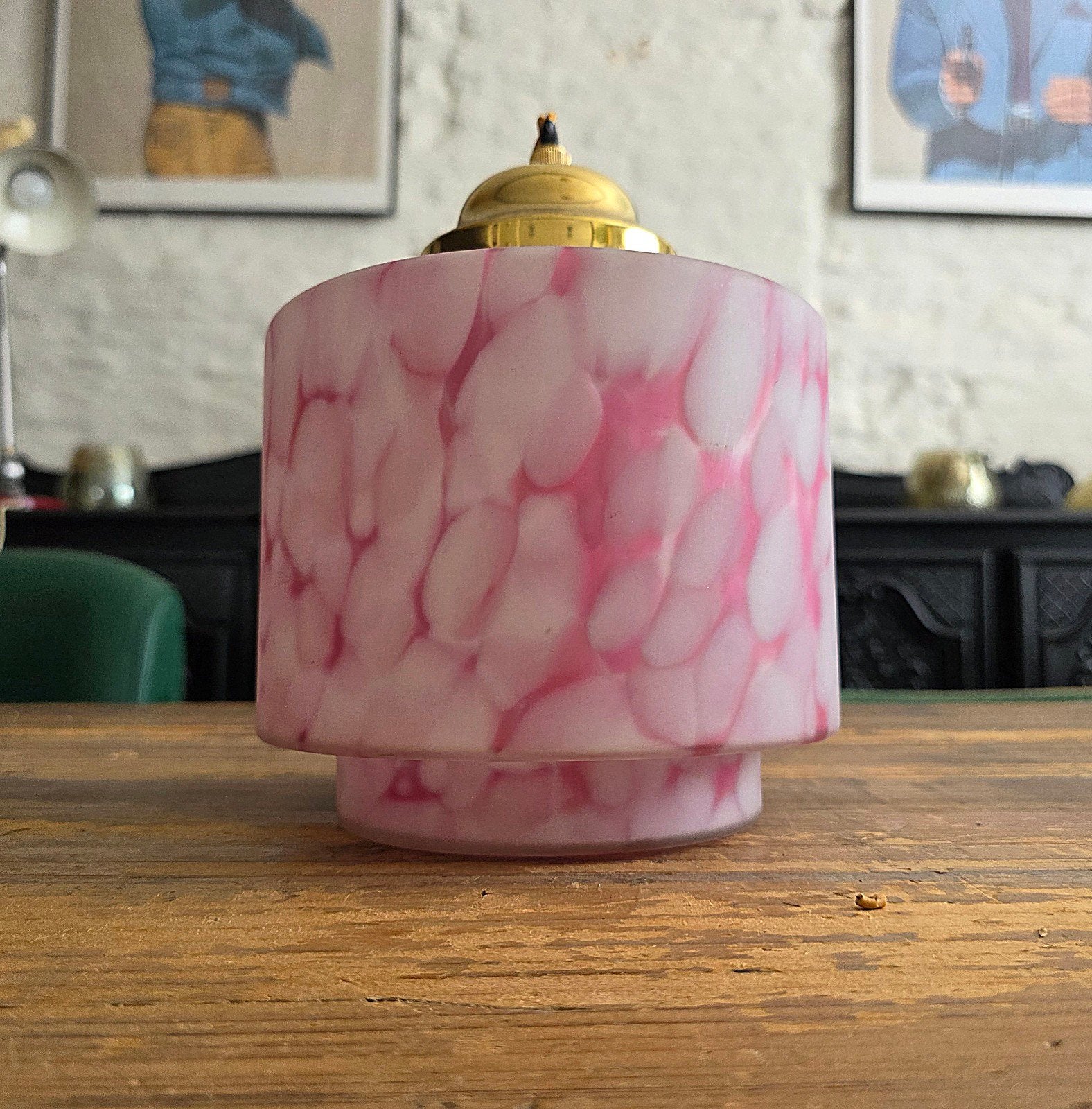 Vintage gemarmerd wolkenglas Art Deco hanglamp, Ophalen of Verzenden, Roze, Hanglamp, Glas