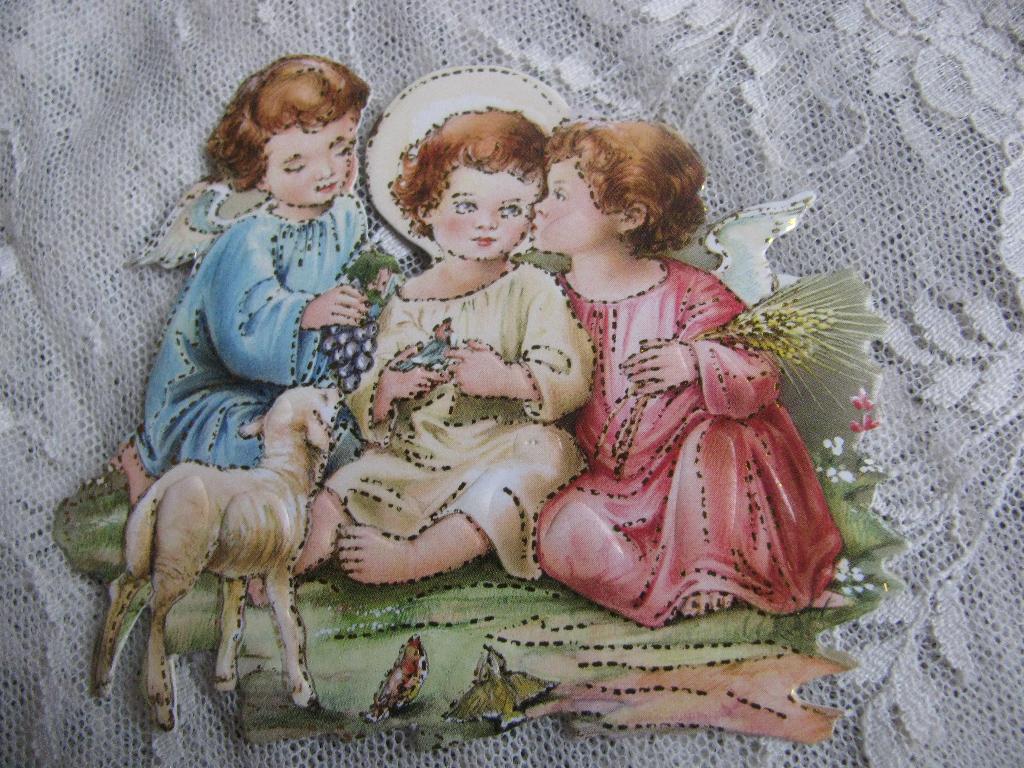 Stevig Vintage Poesieplaatje - Engeltjes / Schaap / Vogel, Verzenden