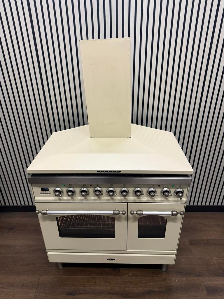 Luxe Boretti 6 pits creme Fornuis Incl. Afzuigkap 90 cm, Fornello Esperta, Ophalen of Verzenden, Zo goed als nieuw, Energieklasse A of zuiniger
