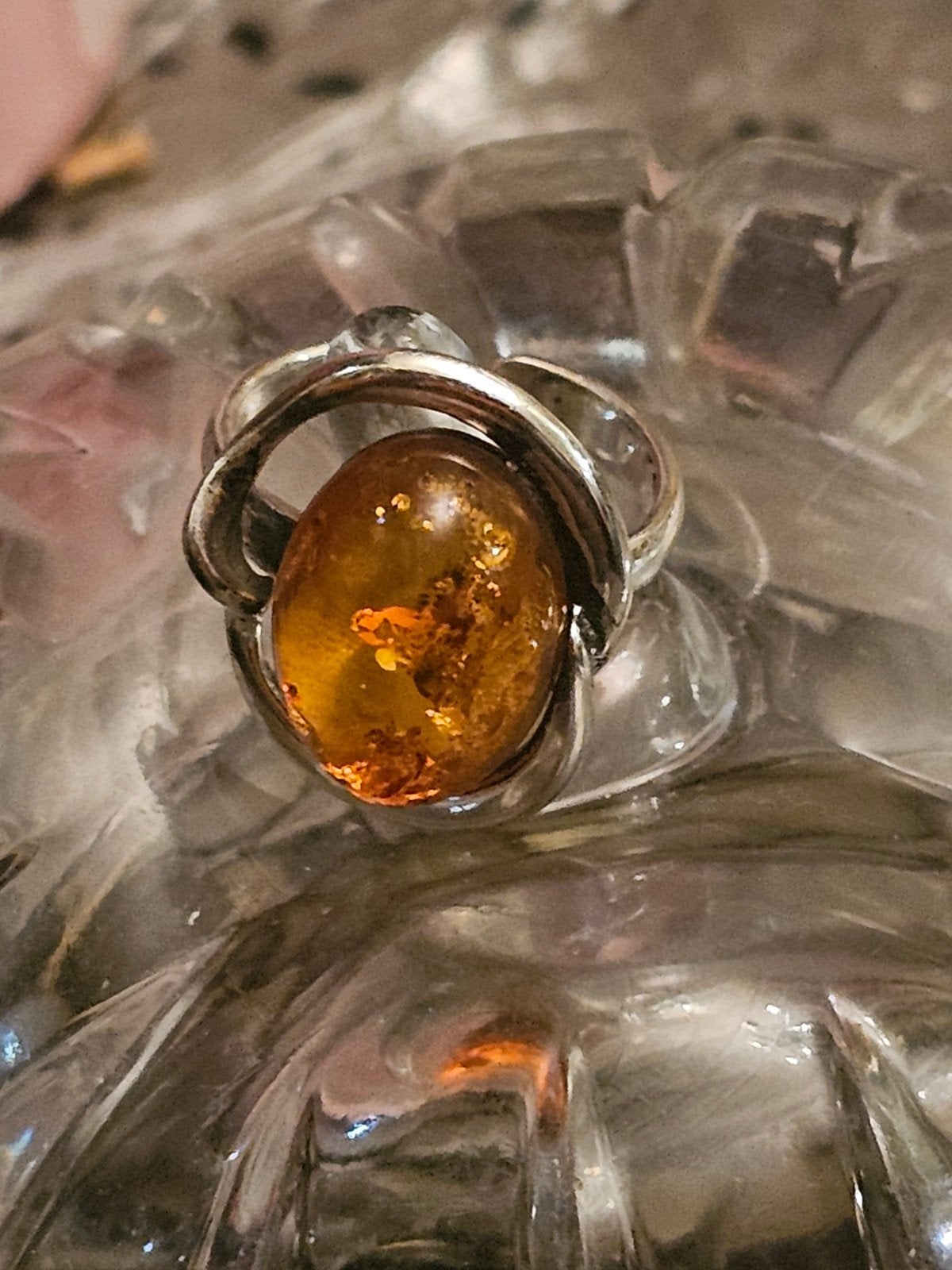 925 karat antieke zilveren ring met barnsteen, Sieraden, Tassen en Uiterlijk, Ringen, Gebruikt, Dame, 17 tot 18, Oranje, Zilver