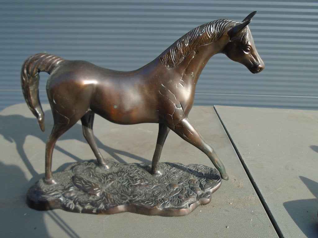 bronzen paard, Ophalen, 20 - 50 cm, Beeld, Bruin