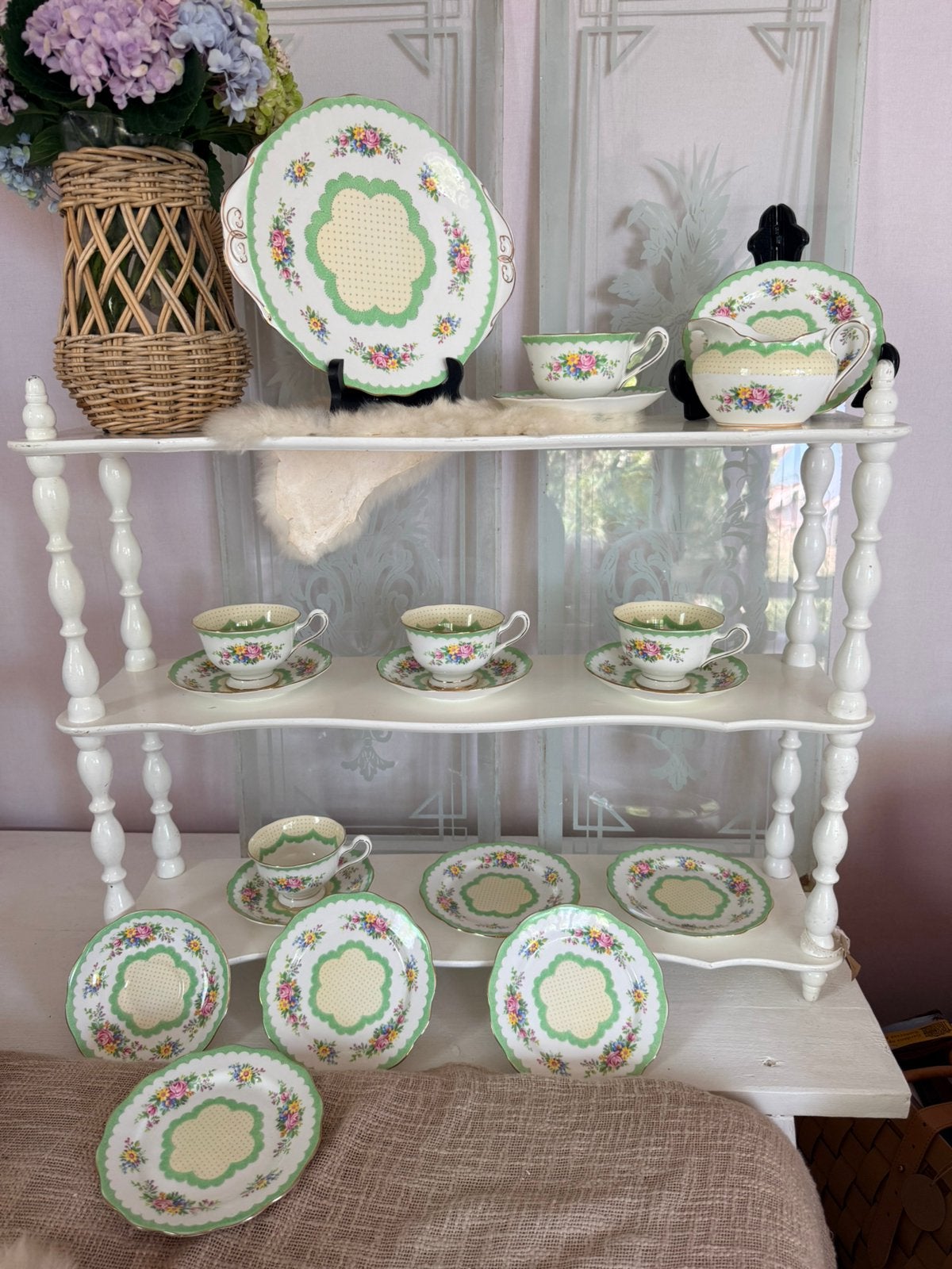 Royal Albert Prudence 1920 5 pers antiek thee taart servies, Antiek en Kunst, Antiek | Servies compleet, Ophalen