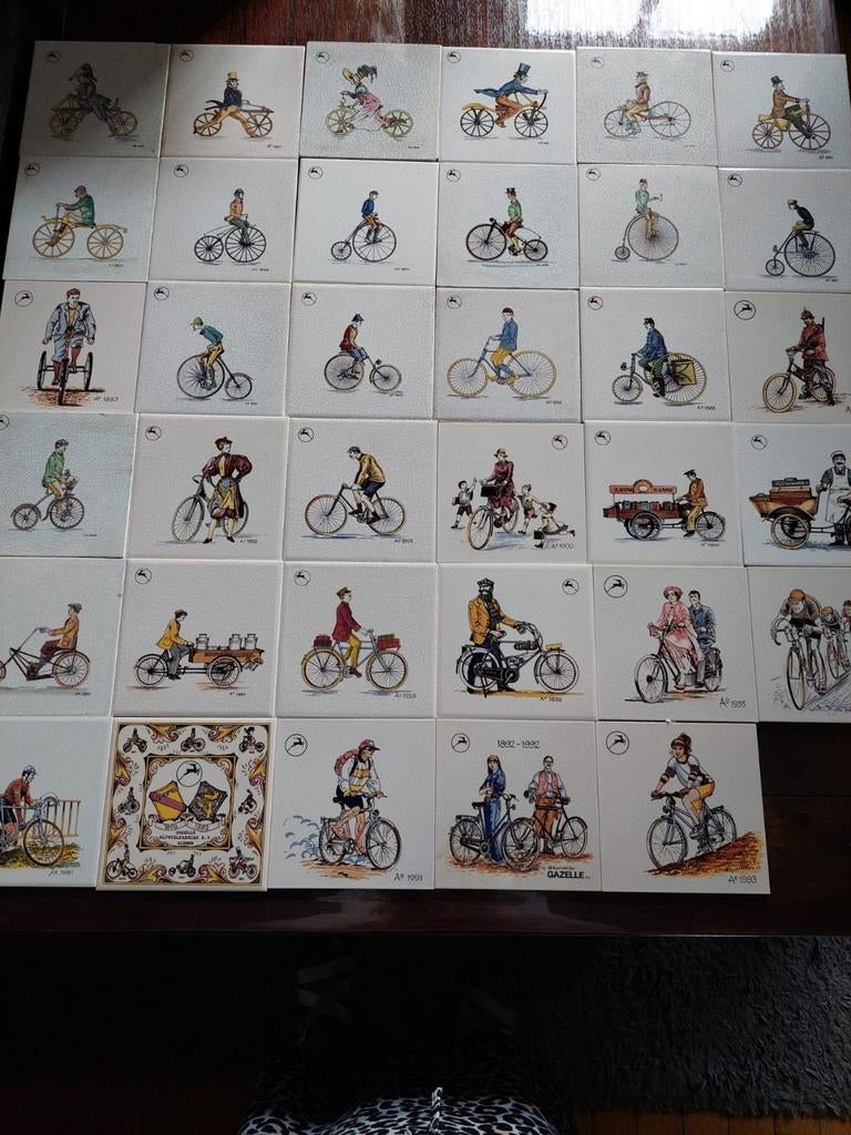Gazelle rijwielen tegels fietsen oldtimer complete serie, Verzamelen, Ophalen of Verzenden, Reclamebord