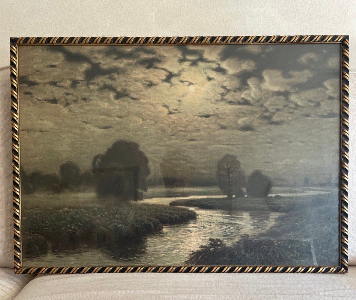 Oleografie Hans Hartig met antieke lijst en herkomstetiket, Ophalen, Bijzondere lijst, Landschap, Klassiek
