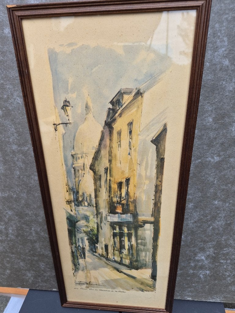 Vintage aquareltekening van Franse kunstenaar Lucien Delarue, Ophalen, Acrylverf, Bijzondere lijst, Stads- / dorpsgezicht