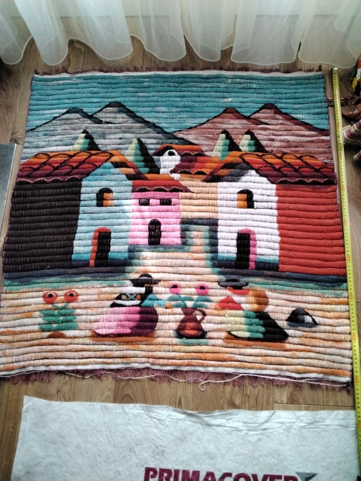Uniek Peruaans wandkleed met dorpsgezicht en bergen, Ophalen of Verzenden