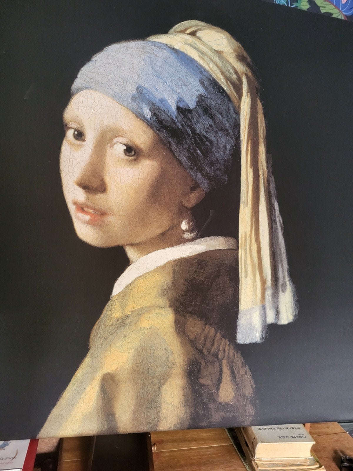 Meisje met de parel. Groot formaat op textiel., Antiek en Kunst, Ophalen, Klassiek, Portret of Personen, Overige ondergronden