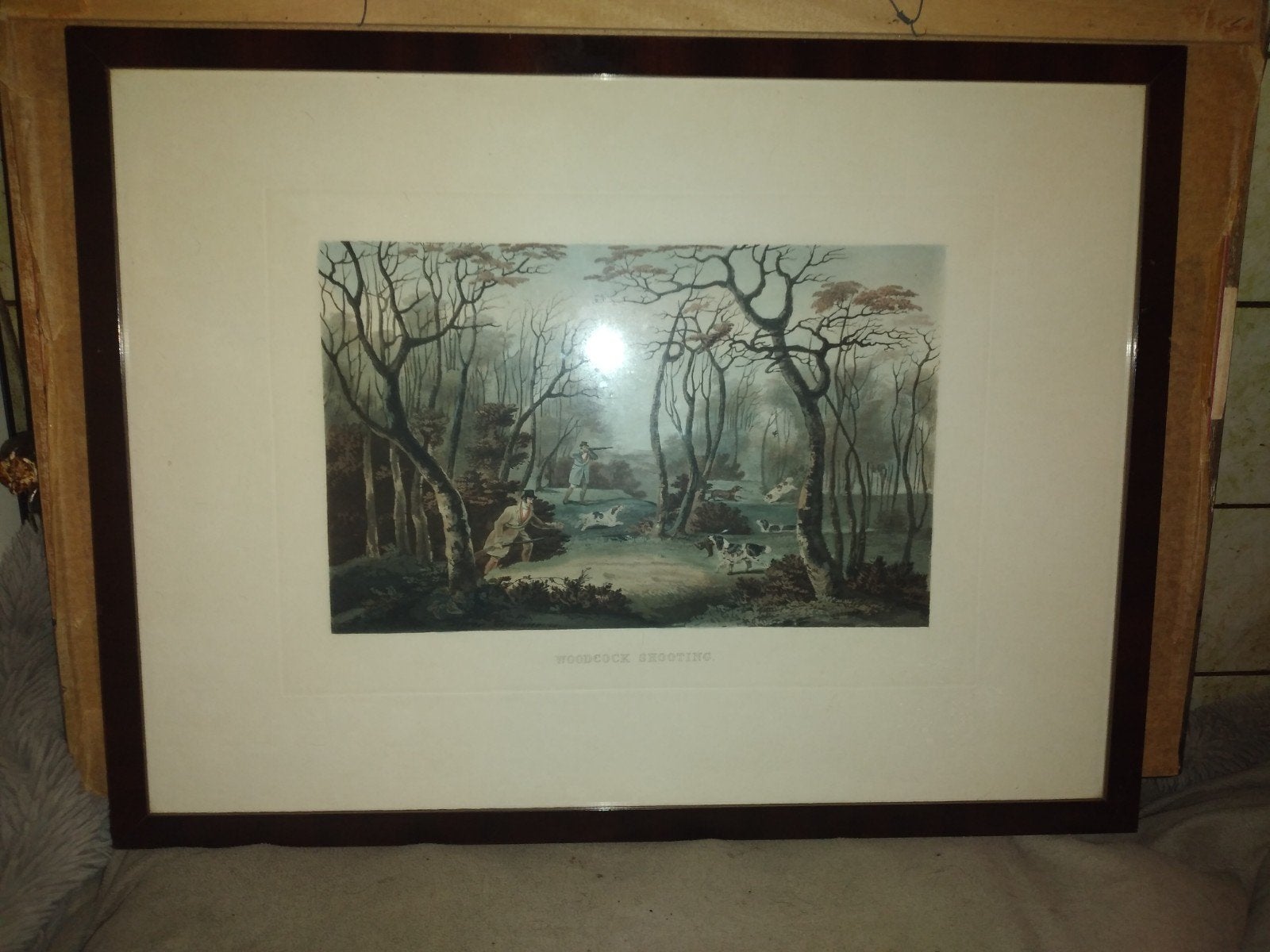 Antieke Ets 'Woodcock Shooting' - Jachttafereel, Ophalen, Dagelijks leven, Ingelijst, 1800 - 1899