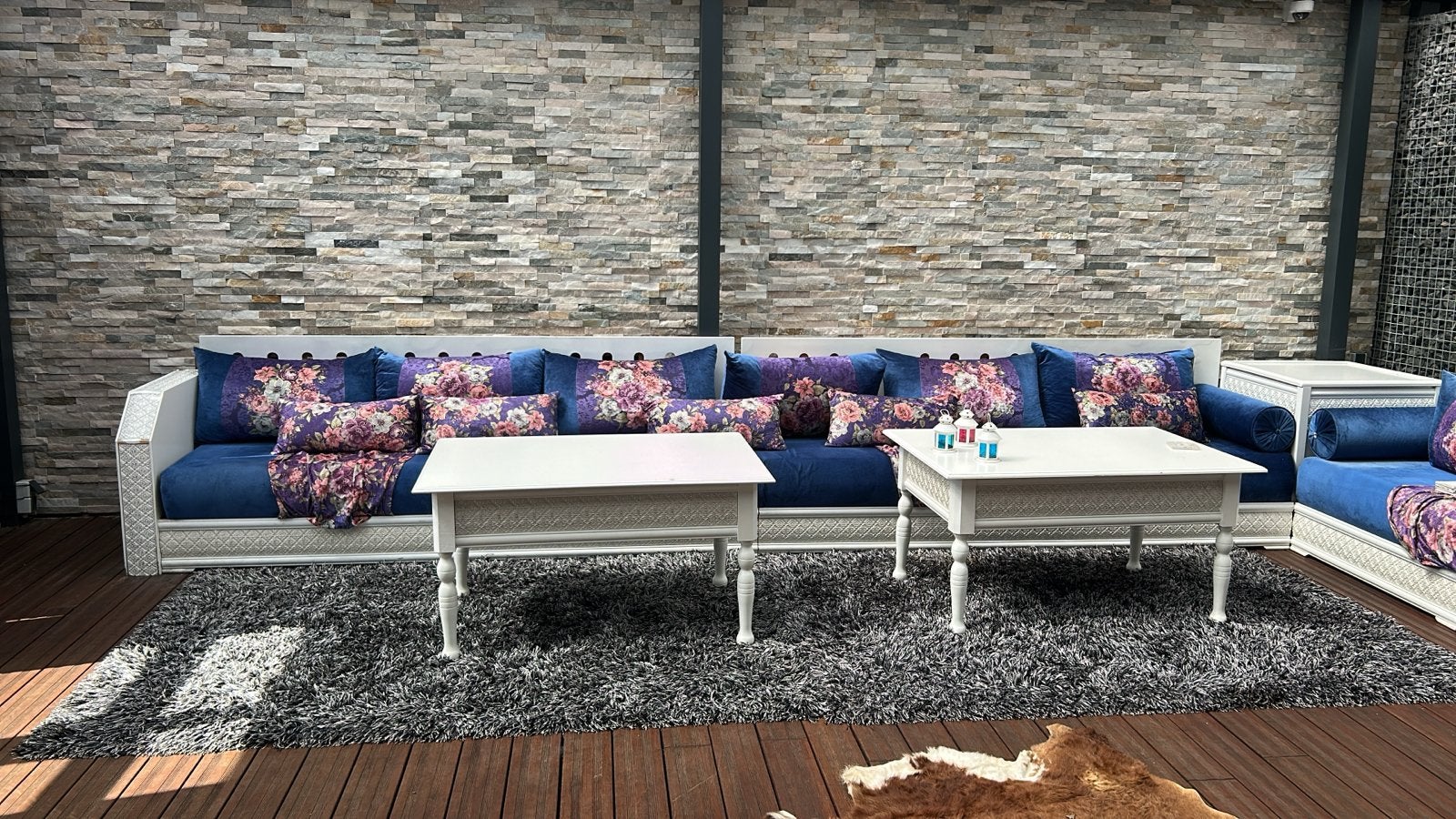 Prachtige Marokkaanse Zithoek - Blauw met Bloemmotief, Ophalen, 250 tot 300 cm, Hoekbank, 75 tot 100 cm