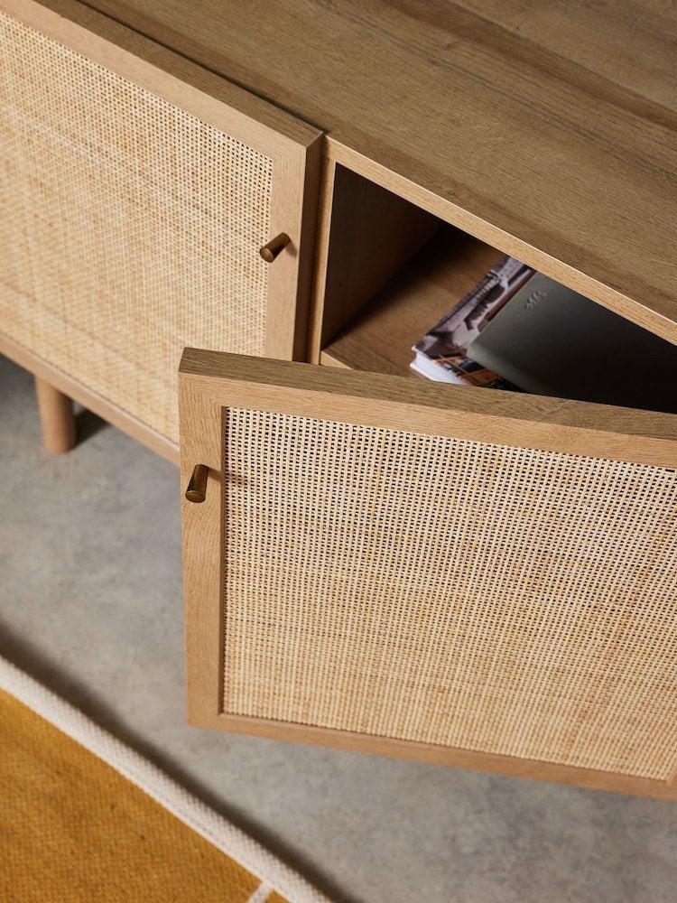 MADE dressoir naturel eiken met rotan fronten (2021), Ophalen, Gebruikt, 100 tot 150 cm, Eikenhout