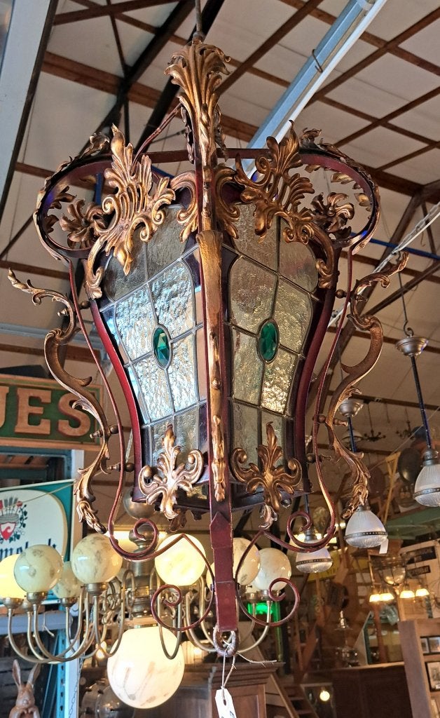 Kasteel lamp barok look smeedijzer met glas in lood raampjes, Ophalen