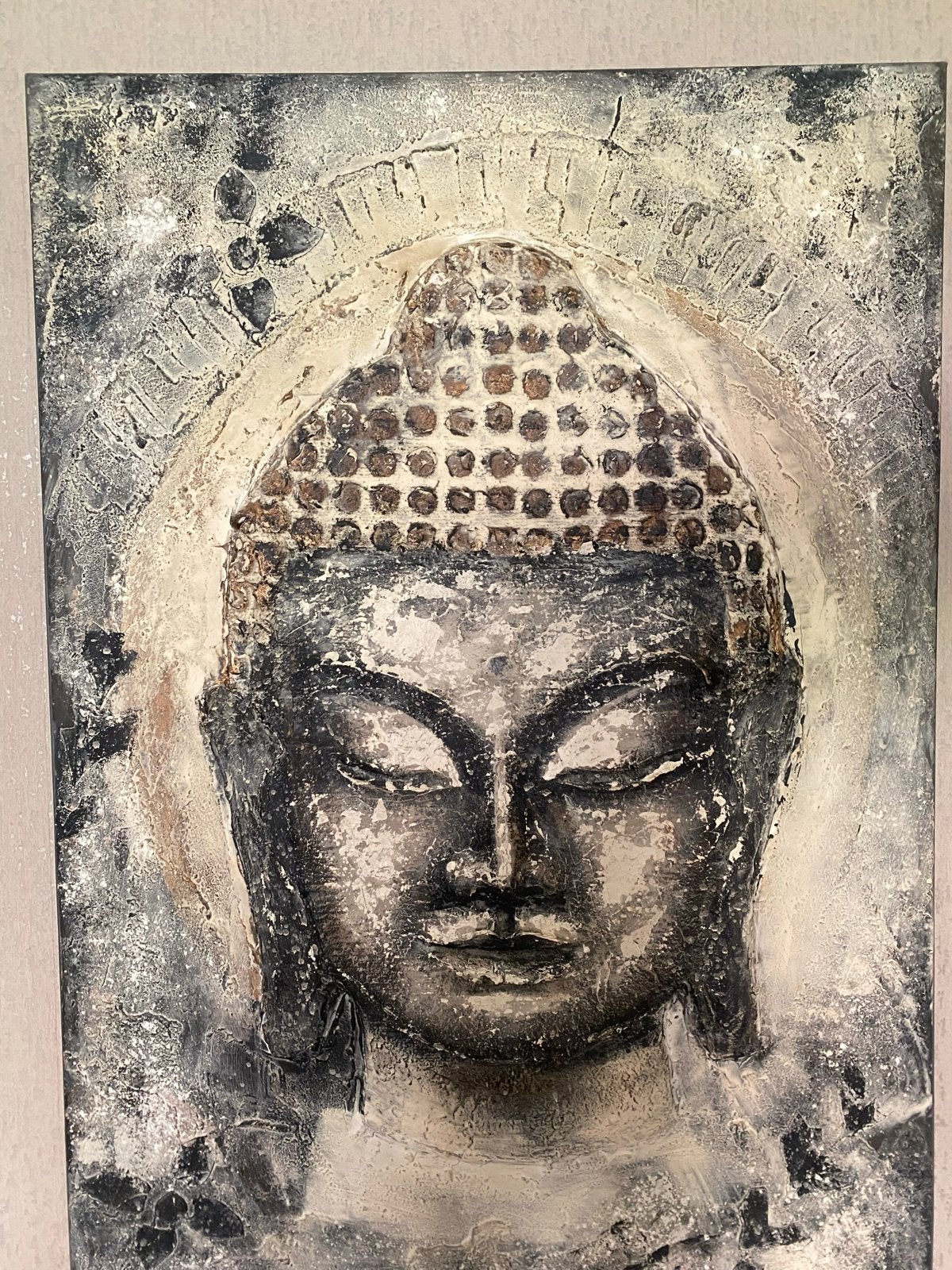 Canvas Boeddha schilderij met reliëf - Grijs/Zwart/Wit, Ophalen, Zo goed als nieuw, Schilderij