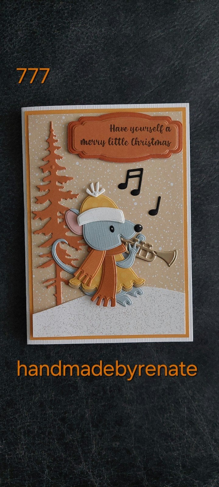Nr. 777 Handgemaakte kerstkaart muisje met trompet, Ophalen of Verzenden, Nieuw, Overige thema's