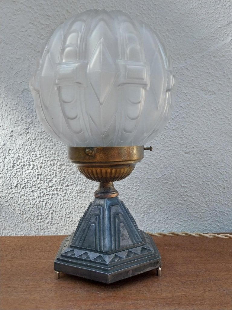 Franse Art Deco tafellamp matglas geometrisch Made in France, Ophalen of Verzenden