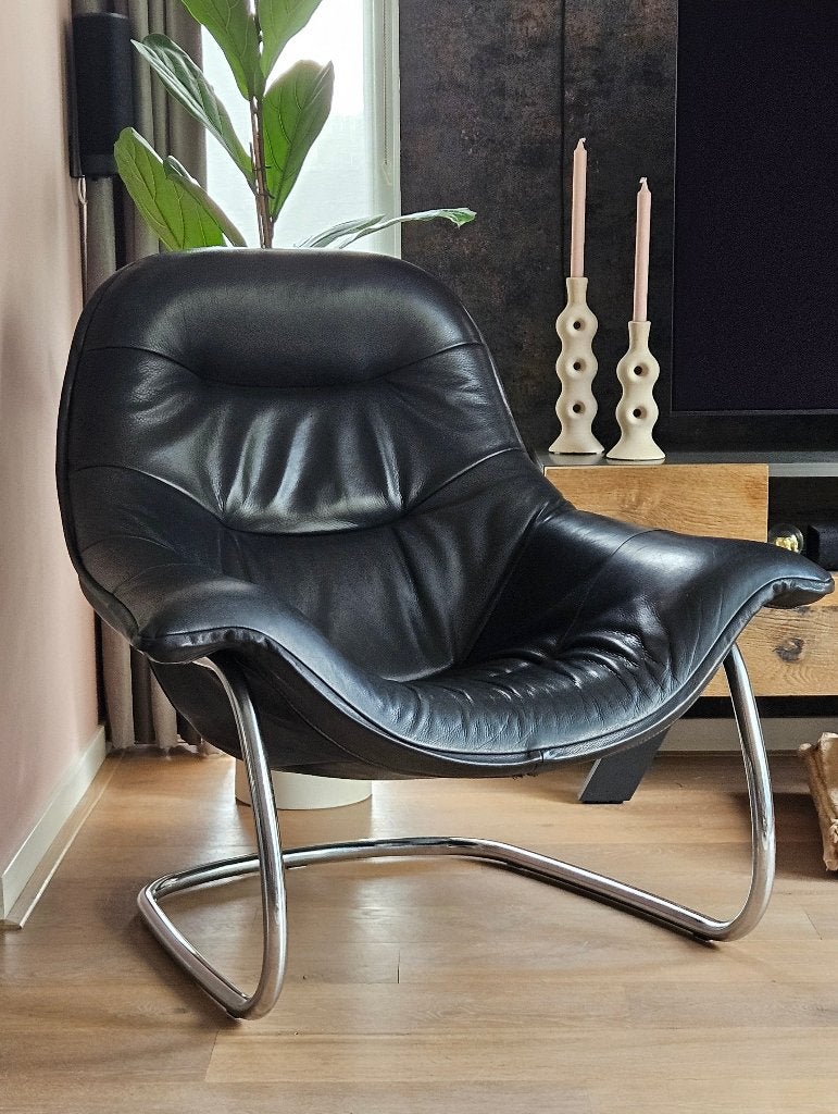 Label Gerard v d Berg Leren fauteuil, Ophalen, Gebruikt, Modern, Industrieel, 75 tot 100 cm