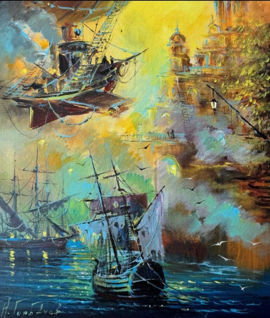 Prachtig olieverf schilderij Gorbachev Nikolay - 'Battle', Gesigneerd, Overig onderwerp, Ophalen of Verzenden, Olieverf