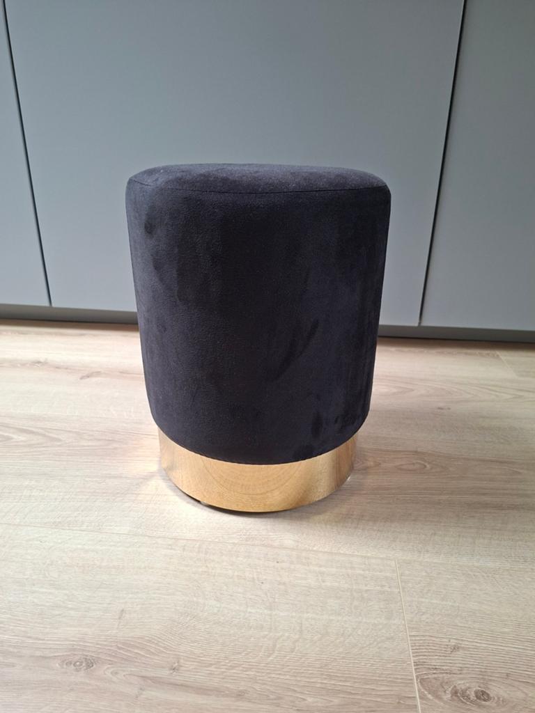 Zwarte Velvet Poef met Gouden Rand - 36x28 cm, Ophalen, Minder dan 50 cm, Rond, Minder dan 50 cm