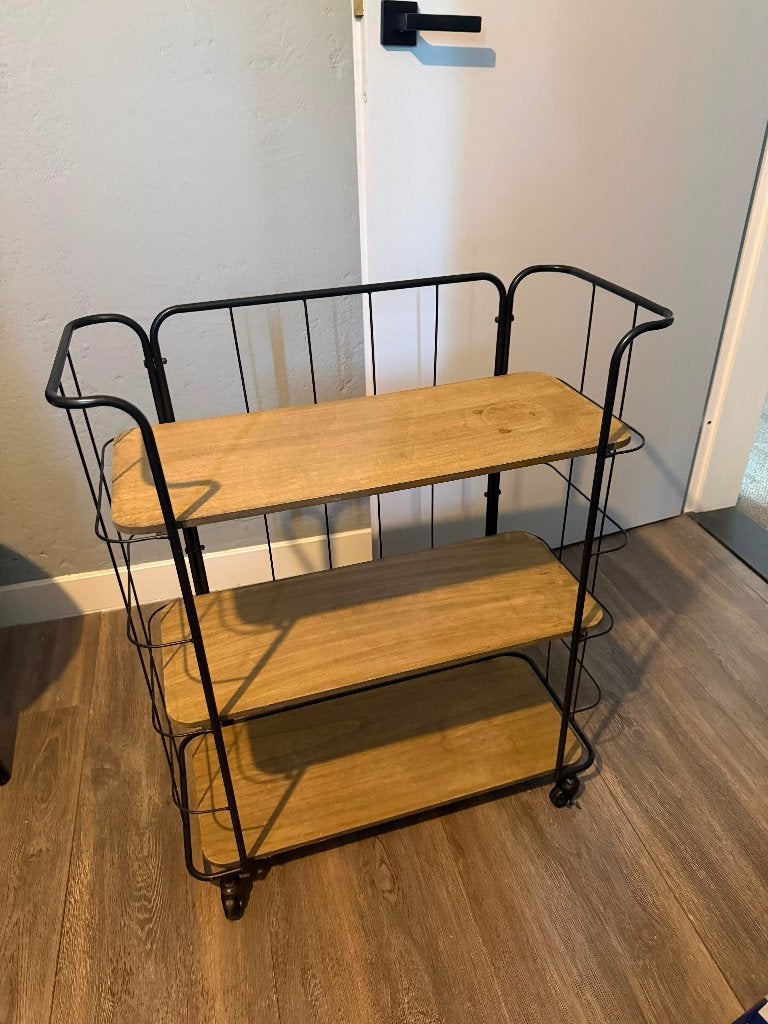 Industriële serveerwagen / barwagen – hout & zwart, Ophalen, Gebruikt, Metaal of Aluminium, 55 tot 75 cm