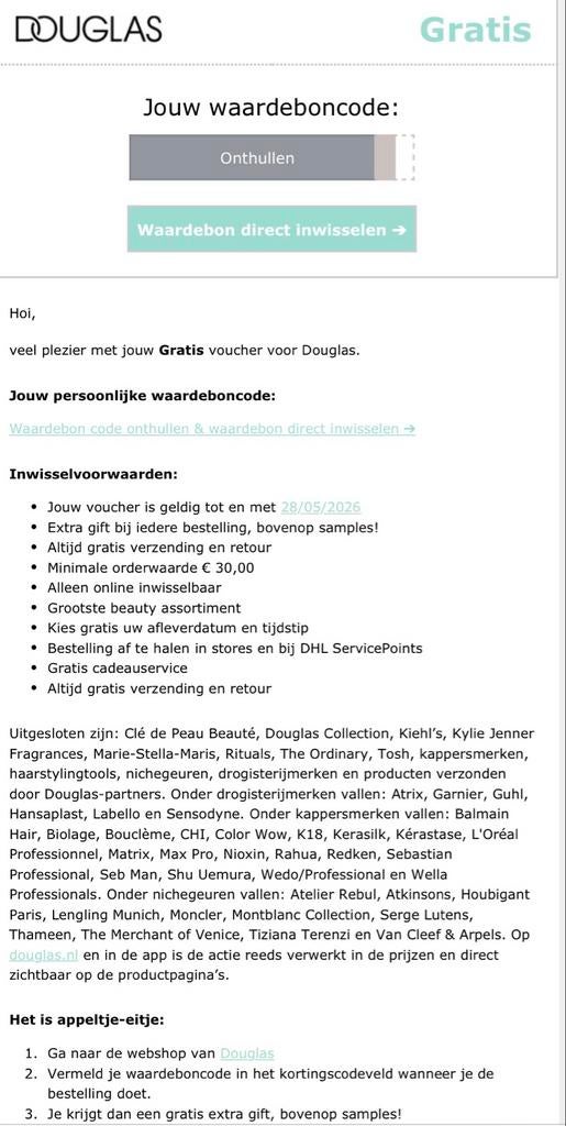 Douglas gratis cadautjes bij bestelling, Tickets en Kaartjes, Eén persoon, Kortingsbon