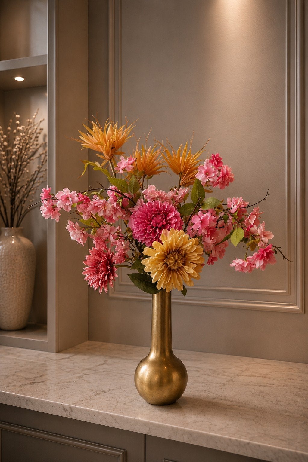 Zijde bloemboeket roze/oranje - Intratuin kwaliteit, Binnen, Roze, Zijde, Ophalen of Verzenden